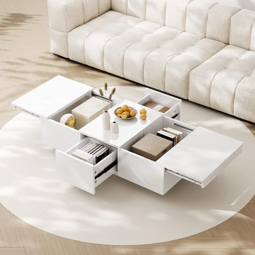 NIUAWASA Couchtisch, Hochglanz-Wohnzimmertisch mit Push-Pull-Aufbewahrungsstruktur, doppelseitigen Schubladen, 100x50x31CM, Weiß