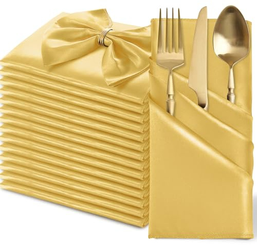 MILVOWOC Confezione da 12 tovaglioli quadrati in raso dorato, 50,8 x 50,8 cm | Panno in seta morbida, liscio, decorativo, riutilizzabile, per matrimoni, cene, ristoranti, feste