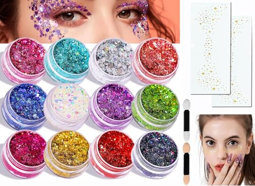 12 Farb Body Glitter + 2 Stk Patches-Gold-Gesicht Glitter Make-up Speckles | Festival Glitzer Gesicht, für Haar Glitzer Festival Gesichtsglitzer Halloween Schminke Karneval Körperglitzer