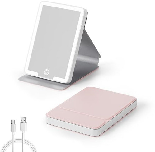 Kintion Travel Makeup Mirror, Rechargeable Compact Mirror with Light, Portable LED Pocket Mirror, Folding Vanity Mirror, 3 Color Modes Dimmable, Handbag Small Mirrors for Women Gift, Pink