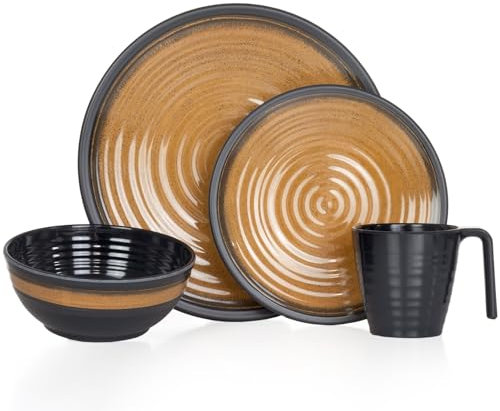 Set de vaisselle de camping 4 pièces pour 1 personne - Mélamine - Service de table de pique-nique - Vaisselle de camping - Design Stone Curry