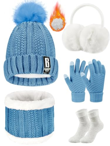 Voqeen Juego de 5 Piezas de Gorro y Bufanda de Punto Guantes de Pantalla táctil Guantes Orejeras de Felpa de Invierno Calcetines térmicos para Gorro de esquí Deportes al Aire Libre