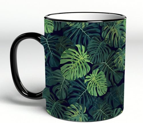 YOIUE Mug en porcelaine fin – Tasses de 11oz 330ml - Tasse de café exquise pour collègues,amis,frères et sœurs – Cadeau imprimé,Plantes tropicales Monstera vert Motif abstrait bizarre