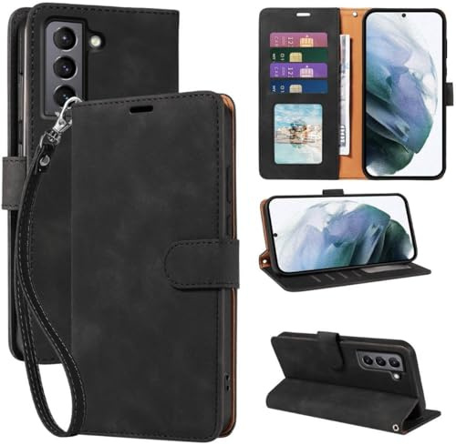 GOTOURED Étui portefeuille pour Samsung Galaxy S21, blocage RFID, 4 emplacements pour cartes, dragonne, béquille, fermeture magnétique, résistant aux chocs, en cuir souple (noir)