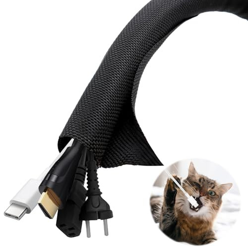 Scettar Gaine Cache Cable Noir,5M Manchon Cable Electrique,Gaine Protection Cable Animaux(10 mm),Textile Flexible Ignifuge Gaine Cable Informatique pour Ordinateur/Ordinateur/PC/USB