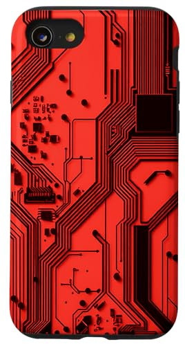 Schéma de carte mère rouge avec circuits électroniques Coque pour iPhone SE (2020) / 7 / 8