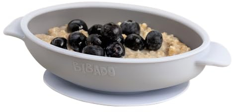 BIBaDO - Ciotola in silicone per bambini (nebbia) - Ciotola con ventosa per rimanere in posizione - Forma ovale - Primi pasti e snack - Durevole, lavabile in lavastoviglie e adatta al microonde, senza