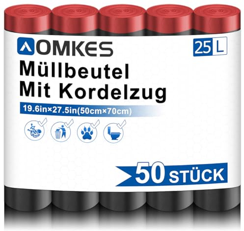 AOMKES Müllbeutel 25L Schwarz Für Küche, Mit Zugband, 50 Stück | Reißfeste Und Auslaufsichere Müllsäcke, Geruchsneutral, Ideal Für Eine Saubere, Zuverlässige Abfallentsorgung