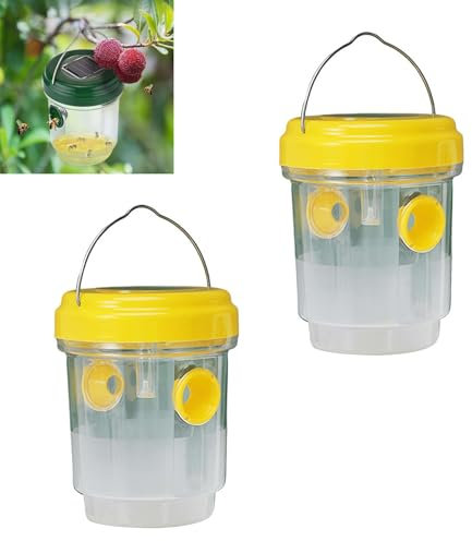 RJSQAQE Lot de 2 pièges à guêpes à suspendre en plein air - Fonctionne à l'énergie solaire - Efficace - Pour l'extérieur et l'intérieur - Piège à mouches à fruits - Piège à frelons - Jaune
