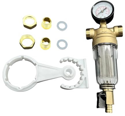 Spin Down Sediment Water Filter System with Pressure Gauge, 100/200 Micron Stainless Steel Mesh Whole House Pre-Filter for City/Well Water, 1 MNPT & 3/4 FNPT/MNPT Ports, Easy Backwash Cleaning