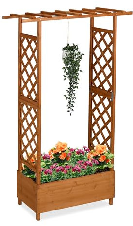 Relaxdays Blumenkasten mit Rankgitter & Dach, HBT: 183x110x44 cm, Pflanzkübel mit Spalier, Balkon & Garten, Holz, braun