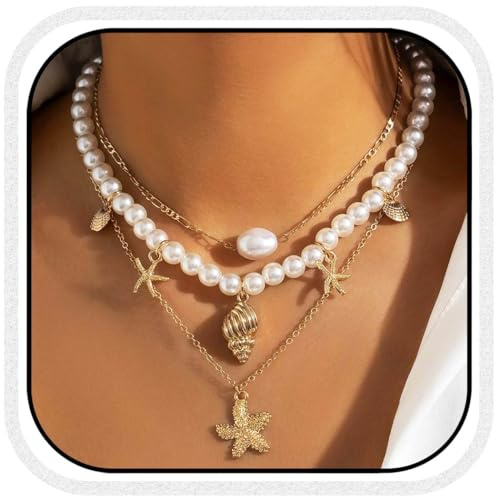 Atigy Boho Halskette mit Seestern Perlen und Muschel Mehrfachkette Goldanhänger Strand Halskette Schmuck für Damen (Gold)