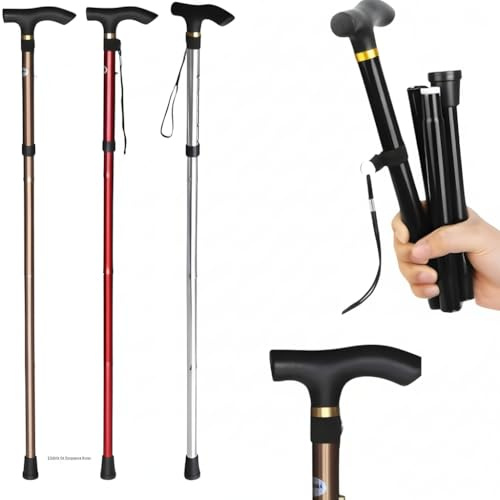 Foldable Walking Stick for Men & Women – Lightweight Aluminium & Plastic Cane, Adjustable Height, Non-Slip Rubber Tip, Wrist Strap, Right or Left Hand Use