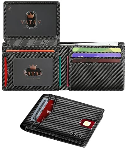 VATAN Wallet for Men Slim RFID Blocking Leather Credit Card Holder Wallet for 15 Cards, Bifold Minimalist Thin Wallet with 2 ID Windows & Cash Slot, With Gift Box (Carbon Fiber Black)