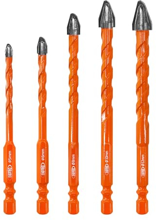 BGTEC Juego de Brocas de Carburo de Tungsteno - 5 Piezas Ø 5-12 mm Juego de Brocas Profesional para Madera, Plástico, Ladrillo, Cerámica, Vidrio, Hormigón y Mármol