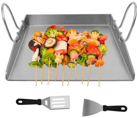 CHFUNE Grillplatte Edelstahl, 4.4 x 40 x 30 cm Plancha Grillplatte mit Abnehmbarem Griff, 2 Grillspateln Geschlossene Ecken ohne Auslaufen Professionelle Grillplatten