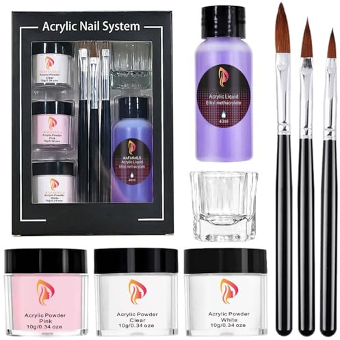 Professional Acrylic Nail Kit - Acrylic Powder And Liquid Set for Nail Extension - 3 Colors Acrylic Nail Set with Art Brush, Liquid, Glass Cup for Beginners
