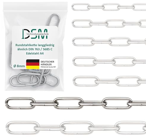 DSM – Rundstahlkette 8 mm Ø – langgliedrig DIN 763 – Edelstahl A4 – 1 m | 1 Stück Meterware – Bruchlast 2500 kg [TrueSpec Präzision] Edelstahlkette rostfrei für Garten, Boot, Werkstatt & Dekoration