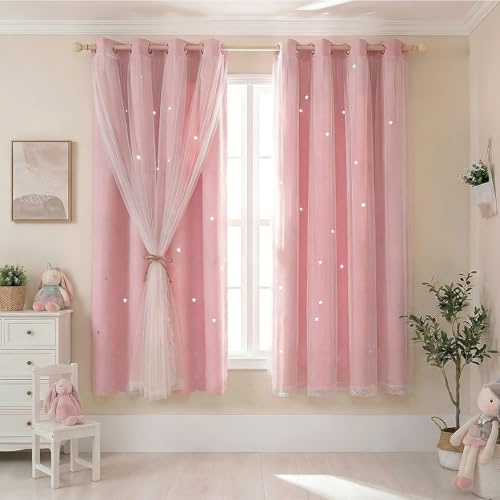 NAKIHOUSE Blackout Curtains with Sheer Tulle for Nursery Kids Bedroom | 2 Panels Machine Washable Thermal Insulated Room Darkening Curtain & Drapes 52 x 63 Inch,Pink