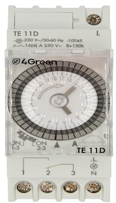 4GREEN TE 11D - Interruttore Orario Elettromeccanico Giornaliero a Cavalieri, Timer DIN 2 Moduli, Batteria Sostituibile con Riserva di Carica 150h, Alimentazione 230V, Bianco