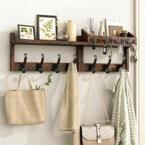 Xygobla Wall Mounted Coat Rack Shelf 11 Hooks | 29 Inch 4-in-1 Entryway Organiser Key Mail Holder Durable Wood & Carbon Steel Construction Living Room Rustic Brown