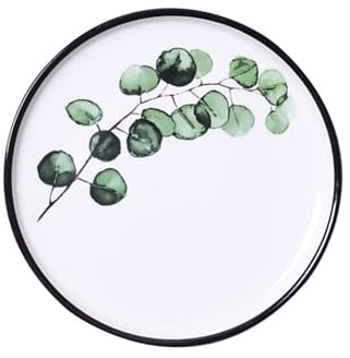 LALADEFIEE 8 Inch Round Ceramic Dinner Plate with Green Plant Pattern, Nordic Style Porcelain Plate for Steak and Fruit, Smooth Glossy Finish, for Home, Kitchen and Restaurant Use