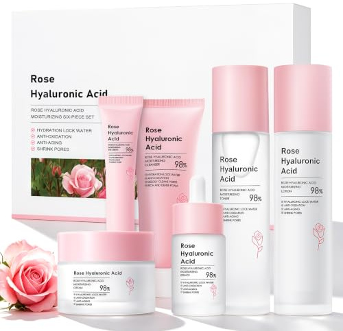Ensemble de Soins du Visage à la Rose 6 Pièces,Skin Care Set,Coffret Skincare,Hydratation Intense,Coffret Soin Visage pour Femmes avec Nettoyant,Sérum,Toner,Crème,Lotion et Crème pour les Yeux