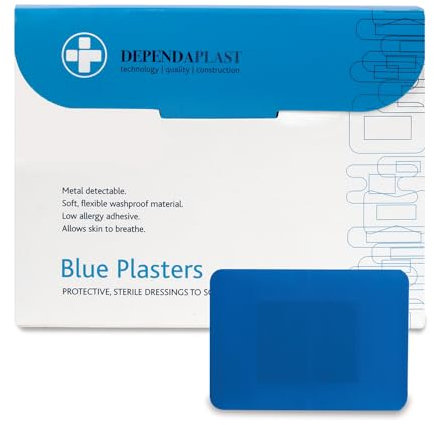 Dependaplast Food Area Blue Plasters With High Visibility And Metal Detection Properties, Easily Detectable, Individually Wrapped 7.5 cm x 5 cm, Blue (Pack of 50)