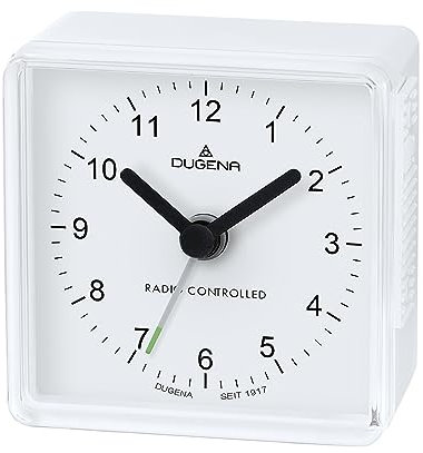 Dugena Reisewecker, Funkwecker aus Kunststoff, modern, mit abgerundeten Ecken und ansteigendem Wecksignal (Crescendo-Alarm), 6 x 6 cm, Farbe:Weiß