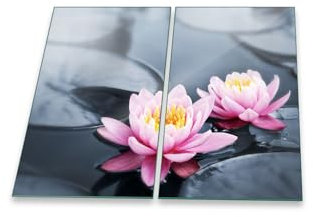 decorwelt | Herdabdeckplatten 2x30x52 cm Ceranfeldabdeckung 2-Teilig Universal Elektroherd Induktion für Kochplatten Herdschutz Deko Schneidebrett Sicherheitsglas Spritzschutz Glas Blume