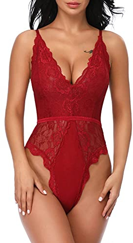 EVELIFE Women Sexy Teddy Lingerie One Piece Lace Babydoll Deep V Neck Bodysuit