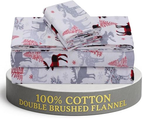 Feather & Stitch 100% Cotton Flannel Queen Sheet Set, 4 Piece Brushed Cotton Flannelette Flat Sheet, Winter Fitted Sheet, Heavy Weight Bedding, 16 Deep Pocket, 2 Pillow Cases (Red Deer)