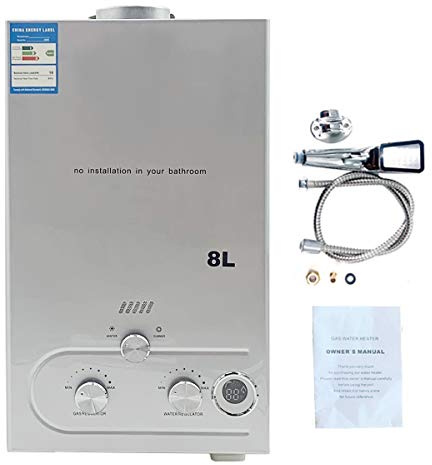 Cozyel 8L 16KW Tragbarer Gas Durchlauferhitzer Propangas Campingdusche für Außenbereich Bad Warmwasser LPG Warmwasserbereiter Tankless Instant, Silber