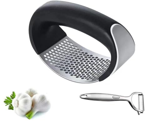 Stainless Steel Garlic Smash, Press Rocker Mincer/ Crusher/ Chopper with Peeler and Scraper Brush