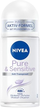 NIVEA Pure & Sensitive Roll-On Deodorant (50 ml), Deodorant with 48 Hour Antiperspirant Protection for Sensitive Skin, Nourishing Deodorant without Burning, Redness and Irritation