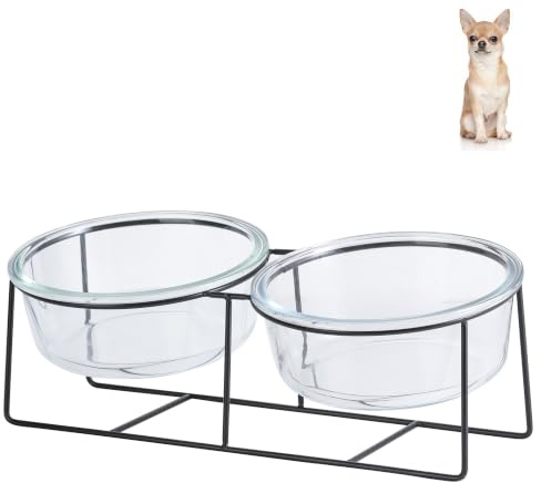 AHX Katzennapf Hundenapf - Futternapf Katze Hund - Katzennapf Erhöht mit Ständer - Doppel Fressnapf Wasser Futter Napf Glas für Katzen | Kleine Hunde | Welpen - 450ml × 2