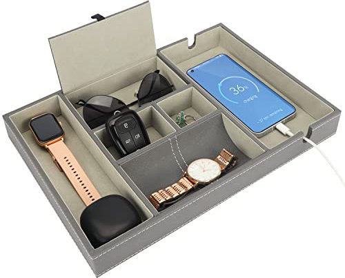 BELLE VOUS 6 Fächern Graues Kunstleder Tablett - Taschenleerer Leder für Brieftasche, Telefon, Schlüssel, Schmuck, Herrenaccessoires, Geld, Manschettenknöpfe - Nachttisch Organizer