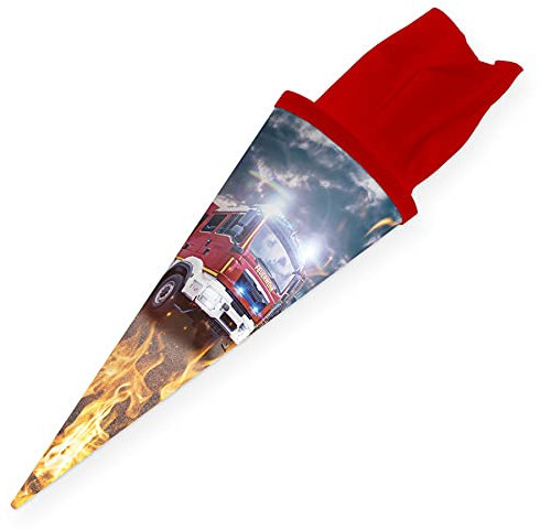 itenga Geschwister Schultüte Feuerwehr Zuckertüte mit Filzverschluss - Feuerwehrauto und Feuer - Schule Einschulung Schulanfang 35cm