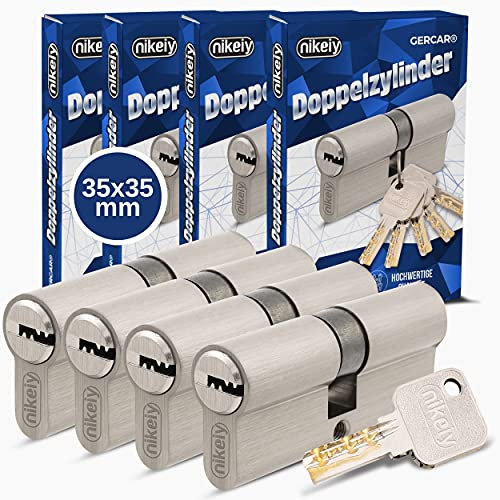 GERCAR - Doppio cilindro profilato, 35/35, struttura massiccia, con chiave unica, in ottone opaco, incluse 10 chiavi reversibili, lunghezza: 70 mm, A:35 B:35, set da 4 pezzi