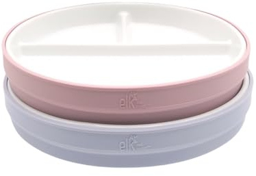 Elk and Friends 6,7 Zoll große, unterteilte Porzellanteller für Kinder mit Silikonhüllen. Geeignet für Babys, Kinder und Kleinkinder. Mikrowellen- und spülmaschinenfest. Rutschfeste Snackteller.