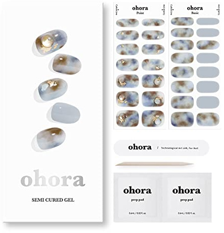 ohora Semi Cured Gel Nail Strips (N Daybreak) - Blue/Brown, Gemstone, 330 Pcs, 2 Cycles, UV Lamp Compatible, Salon-Quality, Long-Lasting & Easy to Apply, Includes 2 Prep Pads, Nail File & Stick