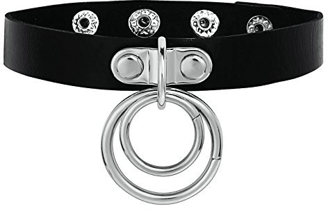 Banemi Choker Women, Kette Anhänger Doppelter O-Ring Edelstahl Schwarzes Silber Halsband für Damen Mädchen 39.5cm