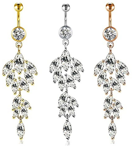 KnSam 3er Bauchnabelpiercing 14G, Piercings Set Blatt Anhänger Bauchnabel Piercing mit Zirkon Sommer Schmuck, Tricolor