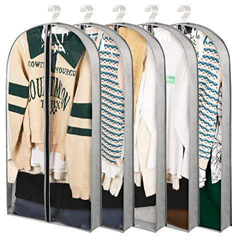 Belinlen 5 Pack 40 Garment Bags for Hanging Clothes Storage, Clear Suit Garment Bags with 4 Gussets for Closet Storage Travel, Plastic Protector for Coat, Jacket, Sweater, Shirts