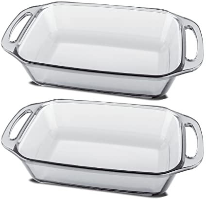 JUANIO Paquete de 2 Bandejas de horno con asas, Fuentes para gratinar, Moldes para hornear rectangular de vidrio, capacidad 2.7 L - Longitud 34.8 x Profundidad 19.8 x Altura 6.9 cm