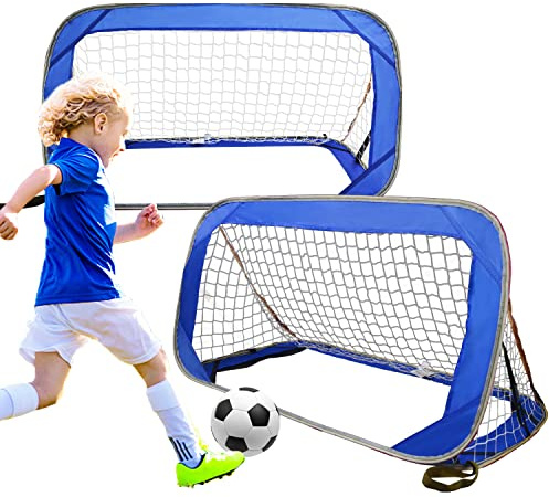KAIDIDA Fussballtor Kinder 2er Set 120 cm Blau Faltbar Garten | 2 Pop Up Tore mit Tasche und Heringen fuer Garten Training und Spielen drinnen oder draussen