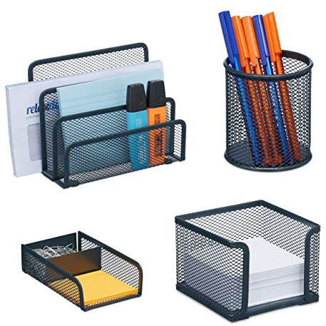 Relaxdays Schreibtisch Organizer Set 4-tlg, Metall, Dokumentenhalter, Zettelbox, Büroklammer- & Stiftehalter, anthrazit, 13,5 x 17,5 x 8 cm