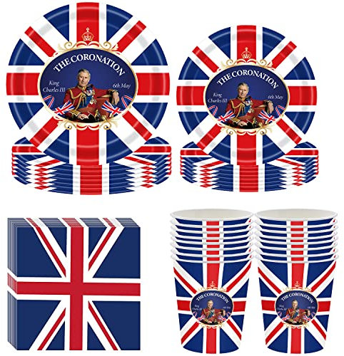 GALER 68PCS King Charles Coronation Decorations, Party Decorations 2023 Supplies Set, Union Jack Plates Napkins and Cups, Kings Tableware Kits for III