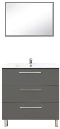 ONDÉE Meuble à Poser Collection Pallas mélaminé Gris Plan céramique Simple | Moderne et Pratique, 3 Tiroirs à Fermeture Progressive, Miroir Assorti Inclus, Largeur 80cm, vasque extra plat 18mm