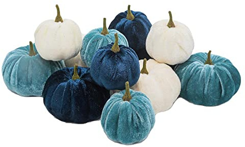 12 Pcs Faux Velvet Mini Pumpkins Artificial Pumpkin - Halloween Party Decorations - Fall Faux Pumpkins for Halloween, Fall, and Thanksgiving Party Decorations (Blue)